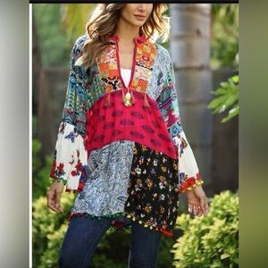 Anandas Collection Boho Patchwork Tunic Mini Dress Size L Multicolor Pom Pom